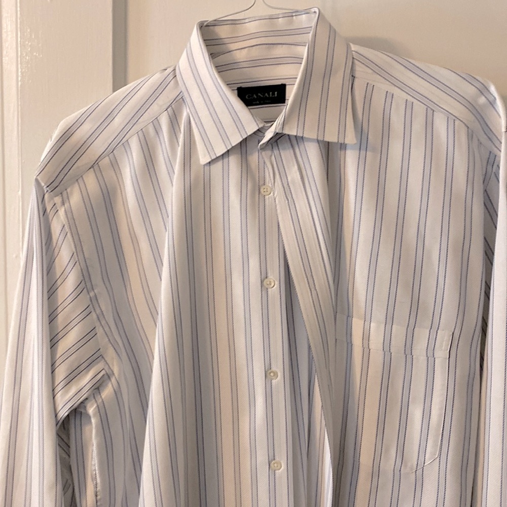 Canali White dress shirt with blue striping.